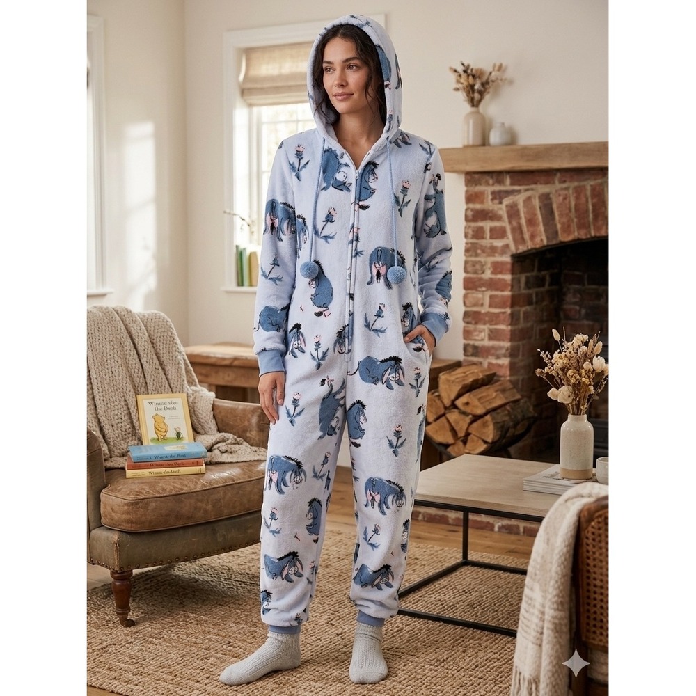 Disney Slumber Munki Munki Eeyore Fleece Hooded Union Suit Pajamas Blue Small